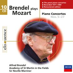 "Brendel spielt Mozart. Die Klavierkonzerte Nr. 5-27. 10 CD. Foto eines älteren Mannes mit Brille und Mütze."