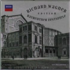 "RICHARD WAGNER EDITION BAYREUTHER FESTSPIELE." Historische Zeichnung eines Theaters mit "Decca" Logo oben links.