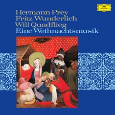 Text: "Hermann Prey, Fritz Wunderlich, Will Quadflieg, Eine Weihnachtsmusik". Illustration einer religiösen Szene.