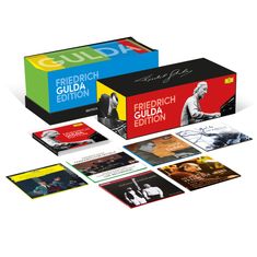 FRIEDRICH GULDA EDITION. Bunte Box mit CDs und Fotos von Friedrich Gulda beim Klavierspielen.