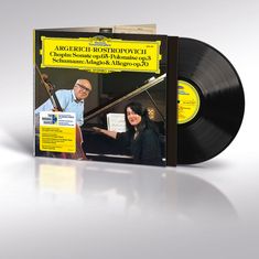Ein Plattencover mit Text: "ARGERICH-ROSTROPOVICH, Chopin, Schumann". Zwei Menschen an Klavier und Cello. Eine Schallplatte.