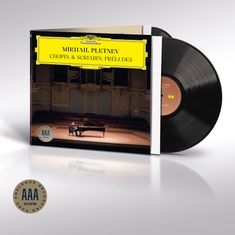 Text: "Mikhail Pletnev - Chopin & Scriabin: Préludes". Cover mit Klavier und Pianist auf Bühne, Schallplatte sichtbar.