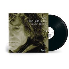 Text: "Bach The Cello Suites Steven Isserlis hyperion." Schwarz-weiße Nahaufnahme eines Mannes mit lockigem Haar.