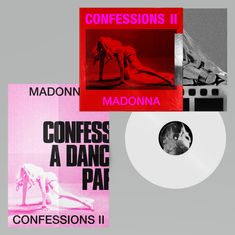 Cover-Design mit Texten: "CONFESSIONS II" und "CONFESSIONS A DANCE PARTY". Eine Frau posiert auf dem Boden. Schallplatte sichtbar.