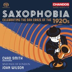 SAXOPHOBIA, Celebrating the Sax Craze of the 1920s. Illustration: Person spielt Saxophon, umgeben von konzentrischen Kreisen.