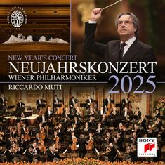 Neujahrskonzert 2025 der Wiener Philharmoniker unter Riccardo Muti. Oben ein Dirigent, unten ein Orchester mit Musikern.