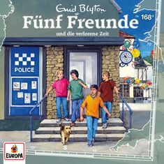 Text: "Fünf Freunde und die verlorene Zeit." Vier Kinder und ein Hund betreten freudig ein Polizeigebäude. Ballons im Hintergrund.