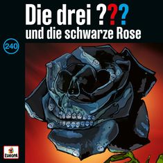 "Die drei ??? und die schwarze Rose" zeigt eine schwarze Rose, die Totenköpfe auf den Blütenblättern hat.