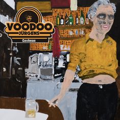 "Voodoo Jürgens Gschnas" ist ein Logo. Darunter eine kreative Darstellung einer Person in gelbem Hemd in einer Bar.