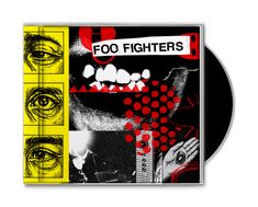 „FOO FIGHTERS“ in schwarz-weißem Text auf rotem Hintergrund, Collage aus Augen, Mund, Händen und roten Grafiken.