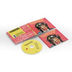 Rollende Steine "Foreign Tongues" auf CD-Hüllen und -Disk. Illustration eines farbig geschminkten Gesichts auf rotem Hintergrund.