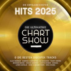 „Die erfolgreichsten Hits 2025. Die ultimative Chartshow & die besten Discofox-Tracks: Alex Warren, Sabrina Carpenter, Ed Sheeran.“ 

Goldene Schallplattenoptik mit zentralem Text in modernem Design.