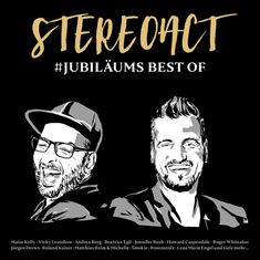 „STEREOACT #JUBILÄUMS BEST OF“. Zwei lächelnde Männer im illustrierten Stil. Unten stehen viele Künstlernamen.
