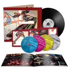 Box-Set "The Cars Heartbeat City" mit Vinyl, CDs und einem Buch. Art-Deko-Stil mit Fahrzeugelementen und bunt.