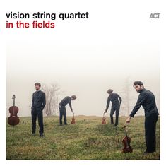 Text: "vision string quartet in the fields". Vier Männer mit Streichinstrumenten stehen auf einer nebligen Wiese.