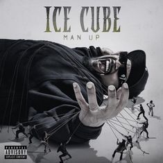 "Ice Cube", "Man Up", "Parental Advisory" Sticker. Illustration: Liegender Mann von kleinen Menschen mit Seilen gehalten.