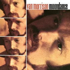 „Van Morrison Moondance“ in weiß und orange geschrieben. Mehrere Nahaufnahmen eines nachdenklichen Mannes mit Bart.