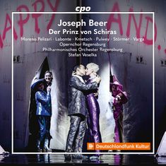 Text oben: "Joseph Beer, Der Prinz von Schiras". Unten: Ein Paar in glitzernden Anzügen umarmt sich.