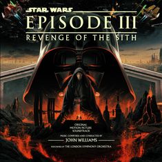 "Star Wars: Episode III – Revenge of the Sith" in goldener Schrift. Darth Vader dominiert den Hintergrund.<br>