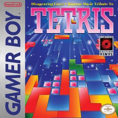 Texte: "GAMER BOY", "Disappearing Lines: Chiptune Music Tribute To TETRIS", "Limited Edition Vinyl". Illustration mit Tetris-Blöcken.