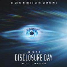 "Spielberg Disclosure Day", Filmmusik von John Williams. Eine Illustration mit einem blauen, strahlenden Auge im Zentrum.