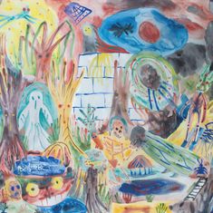 Eine farbenfrohe, abstrakte Illustration zeigt Gestalten, Bäume und ein Skelett in einem bizarren Landschaftsszenario.