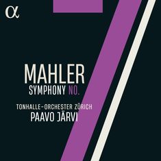„Mahler Symphony No. 7, Tonhalle-Orchester Zürich, Paavo Järvi“. Lila und weiße Elemente auf dunklem Hintergrund.