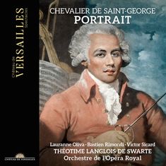 "Chevalier de Saint-George: Portrait" steht im Zentrum. Links ein Banner mit "Versailles". Ein Mann in barocker Kleidung hält einen Degen.