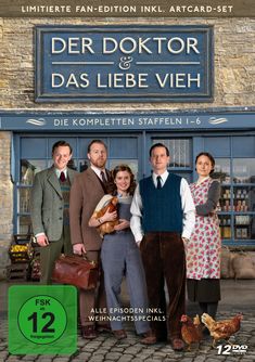 "Der Doktor & Das liebe Vieh", "Die kompletten Staffeln 1-6", fünf Personen vor einem Bauernladen, zwei Hühner.