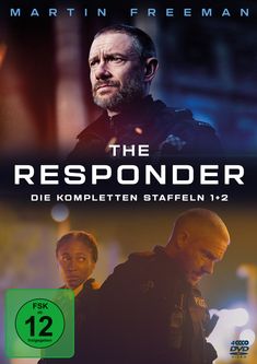 THE RESPONDER, Die kompletten Staffeln 1+2, FSK 12. Oben ein nachdenklicher Mann, unten eine Frau und ein Mann in Polizeiuniformen.