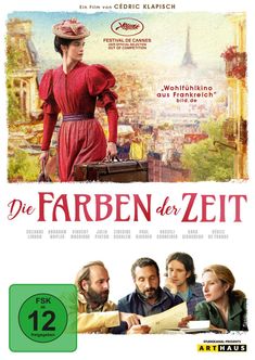 Text: "Die Farben der Zeit", "Wohlfühlkino aus Frankreich". Oben ein gemaltes Stadtbild mit einer Frau in rotem Kleid.