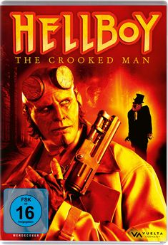 „HELLBOY: THE CROOKED MAN“, FSK 16. Ein roter, gehörnter Mann hält eine Waffe. Eine dunkle Figur im Hintergrund.