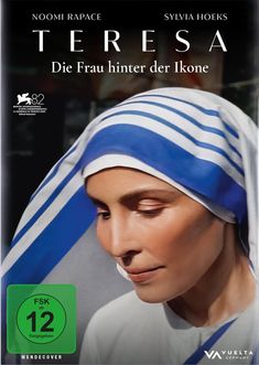 "TERESA: Die Frau hinter der Ikone" steht über einem Porträt einer Frau mit blau-weißem Kopftuch. FSK 12 Logo unten.