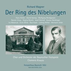 Text: Richard Wagner, Der Ring des Nibelungen, Festspielhaus Bayreuth 1953. Links ein Gebäude, rechts ein ernster Mann.