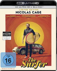 "4K ULTRA HD, BLU-RAY, NICOLAS CAGE, The Surfer, FSK ab 16, Mann mit Surfbrett, Auto mit 'LOCALS ONLY'."