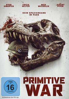 "PRIMITIVE WAR" über großem Dino-Schädel, der menschlichen Totenkopf mit Helm und Patronen festhält.
