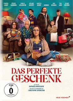 "Das perfekte Geschenk" steht unten. Eine Gruppe von Menschen hält Geschenke. Eine Frau sitzt mit einer Box und einem Gummientchen.