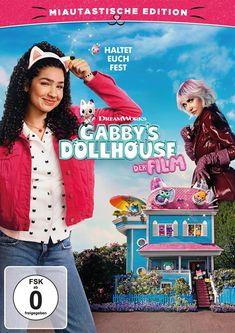 "MIAUTASTISCHE EDITION", "HALTET EUCH FEST", "GABBY'S DOLLHOUSE DER FILM". Eine fröhliche Szene mit einem blauen Haus.