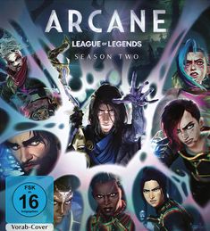 „ARCANE: LEAGUE OF LEGENDS SEASON TWO“. Illustration mehrerer Charaktere in dynamischen Posen, FSK 16 Hinweis.
