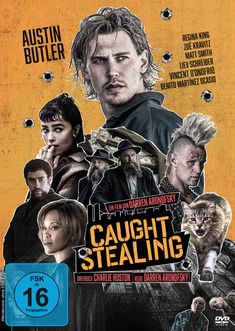 „AUSTIN BUTLER“ und weitere Namen, „CAUGHT STEALING“, Filmtitel in großen Buchstaben, Stadt-Silhouette im Hintergrund.