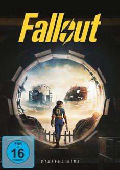 Der Text "Fallout", "FSK ab 16 freigegeben" und "Staffel Eins". Eine Person verlässt einen Bunker, eine zerstörte Stadt vorne.