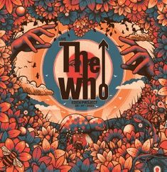 "Live The Who Eden Project 25/07/2023" inmitten einer bunten Illustration mit Blumen und Händen auf einer Zielscheibe.