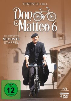 „Terence Hill, Don Matteo 6, Die komplette sechste Staffel“, FSK 12. Ein Mann auf einem Fahrrad vor historischer Kulisse.