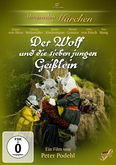 Titel: "Der Wolf und die sieben jungen Geißlein". FSK ab 0. Ein Film von Peter Podehl. Illustration mit verkleideten Tieren.