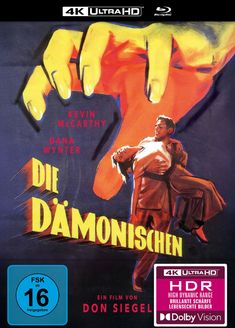 Text: "Kevin McCarthy, Dana Wynter, Die Dämonischen, Ein Film von Don Siegel." Illustration: Gelbe Hand greift Paar.