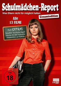 "Schulmädchen-Report: Was Eltern nicht für möglich halten", Gesamtedition, 13 Filme, FSK 18. Frau in rotem Hemd, schwarze Hose.