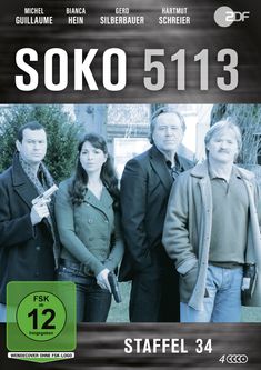 "SOKO 5113", Staffel 34, FSK 12. Oben: Namen der Schauspieler. Vier Personen in Jacken, zwei mit Pistolen. ZDF-Logo.