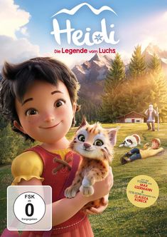 Text: "Heidi Die Legende vom Luchs". Illustration von Heidi mit einem Luchs in den Armen, Berge und Hütte im Hintergrund.