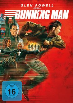 Oben steht: "Glen Powell The Running Man". Menschen in dramatischen Posen vor einer roten Kulisse mit Explosionen.