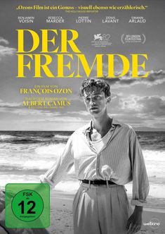 „Der Fremde“ von François Ozon, nach dem Roman von Albert Camus. Darunter ein Mann am Strand, FSK-12-Logo.